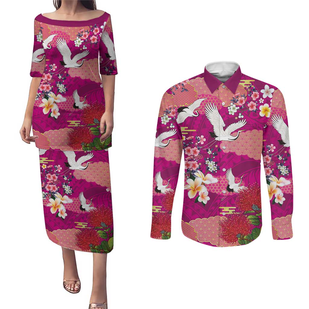 Hawaiian and Japanese Culture Together Couples Matching Puletasi and Long Sleeve Button Shirt Pink Ohia Lehua Plumeria and Sakura Blooming LT03 Pink - Polynesian Pride