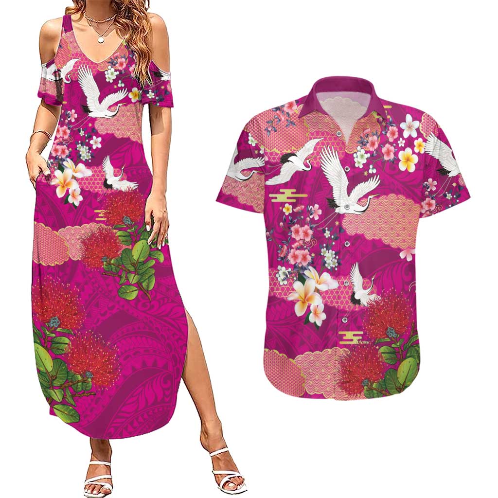 Hawaiian and Japanese Culture Together Couples Matching Summer Maxi Dress and Hawaiian Shirt Pink Ohia Lehua Plumeria and Sakura Blooming LT03 Pink - Polynesian Pride