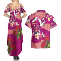 Hawaiian and Japanese Culture Together Couples Matching Summer Maxi Dress and Hawaiian Shirt Pink Ohia Lehua Plumeria and Sakura Blooming LT03 - Polynesian Pride