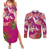 Hawaiian and Japanese Culture Together Couples Matching Summer Maxi Dress and Long Sleeve Button Shirt Pink Ohia Lehua Plumeria and Sakura Blooming LT03 Pink - Polynesian Pride