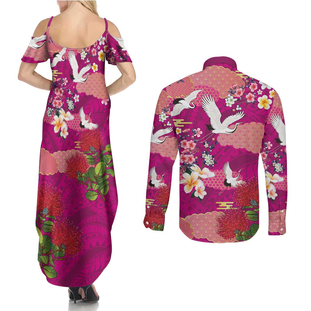 Hawaiian and Japanese Culture Together Couples Matching Summer Maxi Dress and Long Sleeve Button Shirt Pink Ohia Lehua Plumeria and Sakura Blooming LT03 - Polynesian Pride