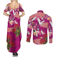 Hawaiian and Japanese Culture Together Couples Matching Summer Maxi Dress and Long Sleeve Button Shirt Pink Ohia Lehua Plumeria and Sakura Blooming LT03 - Polynesian Pride