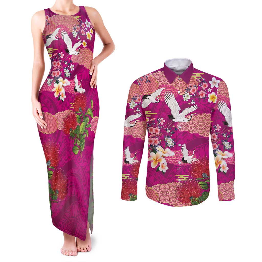 Hawaiian and Japanese Culture Together Couples Matching Tank Maxi Dress and Long Sleeve Button Shirt Pink Ohia Lehua Plumeria and Sakura Blooming - Polynesian Pride
