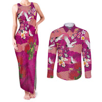 Hawaiian and Japanese Culture Together Couples Matching Tank Maxi Dress and Long Sleeve Button Shirt Pink Ohia Lehua Plumeria and Sakura Blooming LT03 Pink - Polynesian Pride