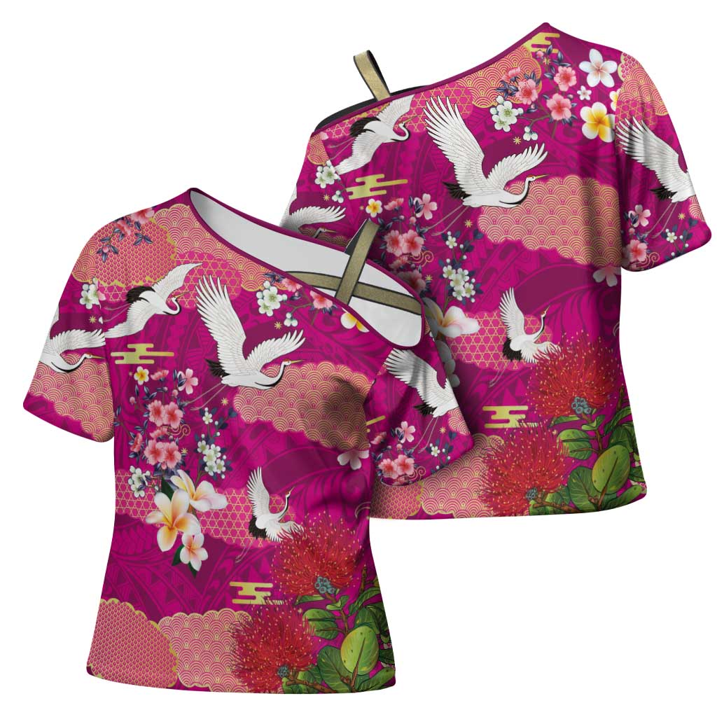 Hawaiian and Japanese Culture Together Cross Shoulder Shirt Pink Ohia Lehua Plumeria and Sakura Blooming LT03 - Polynesian Pride