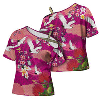 Hawaiian and Japanese Culture Together Cross Shoulder Shirt Pink Ohia Lehua Plumeria and Sakura Blooming LT03 - Polynesian Pride