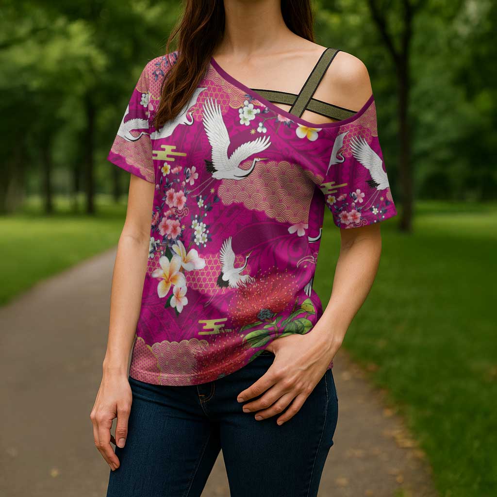 Hawaiian and Japanese Culture Together Cross Shoulder Shirt Pink Ohia Lehua Plumeria and Sakura Blooming LT03 - Polynesian Pride