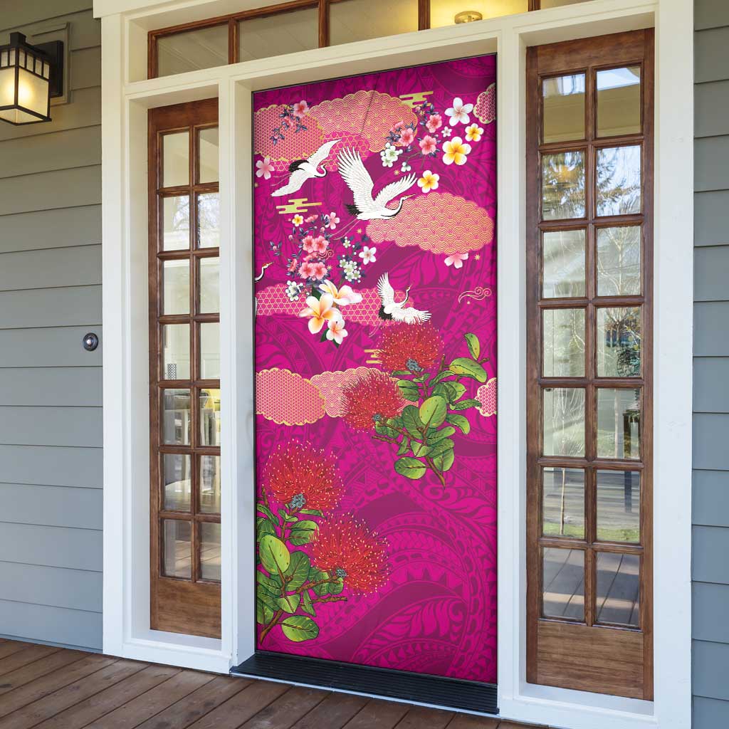 Hawaiian and Japanese Culture Together Door Cover Pink Ohia Lehua Plumeria and Sakura Blooming LT03 - Polynesian Pride