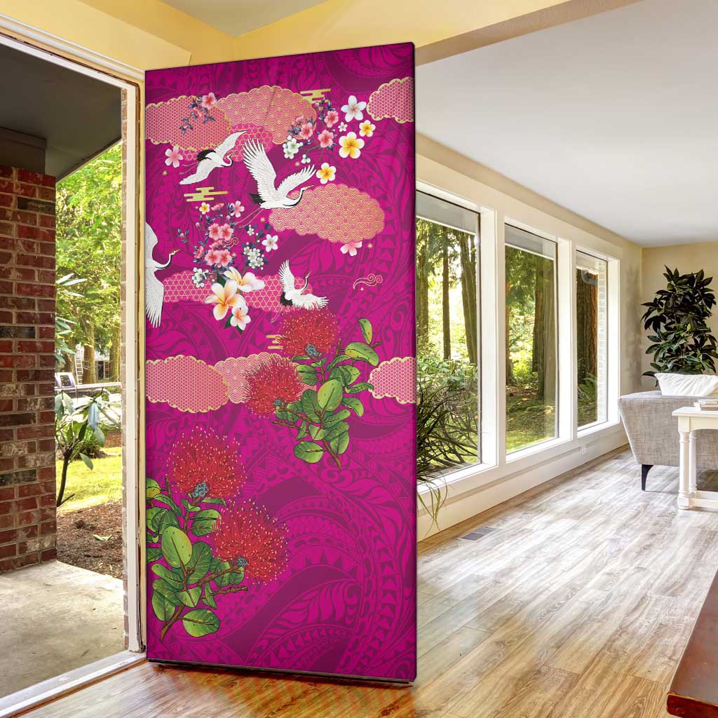 Hawaiian and Japanese Culture Together Door Cover Pink Ohia Lehua Plumeria and Sakura Blooming LT03 - Polynesian Pride