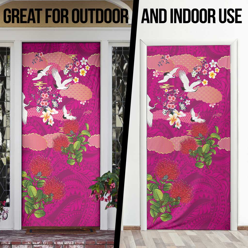 Hawaiian and Japanese Culture Together Door Cover Pink Ohia Lehua Plumeria and Sakura Blooming LT03 - Polynesian Pride