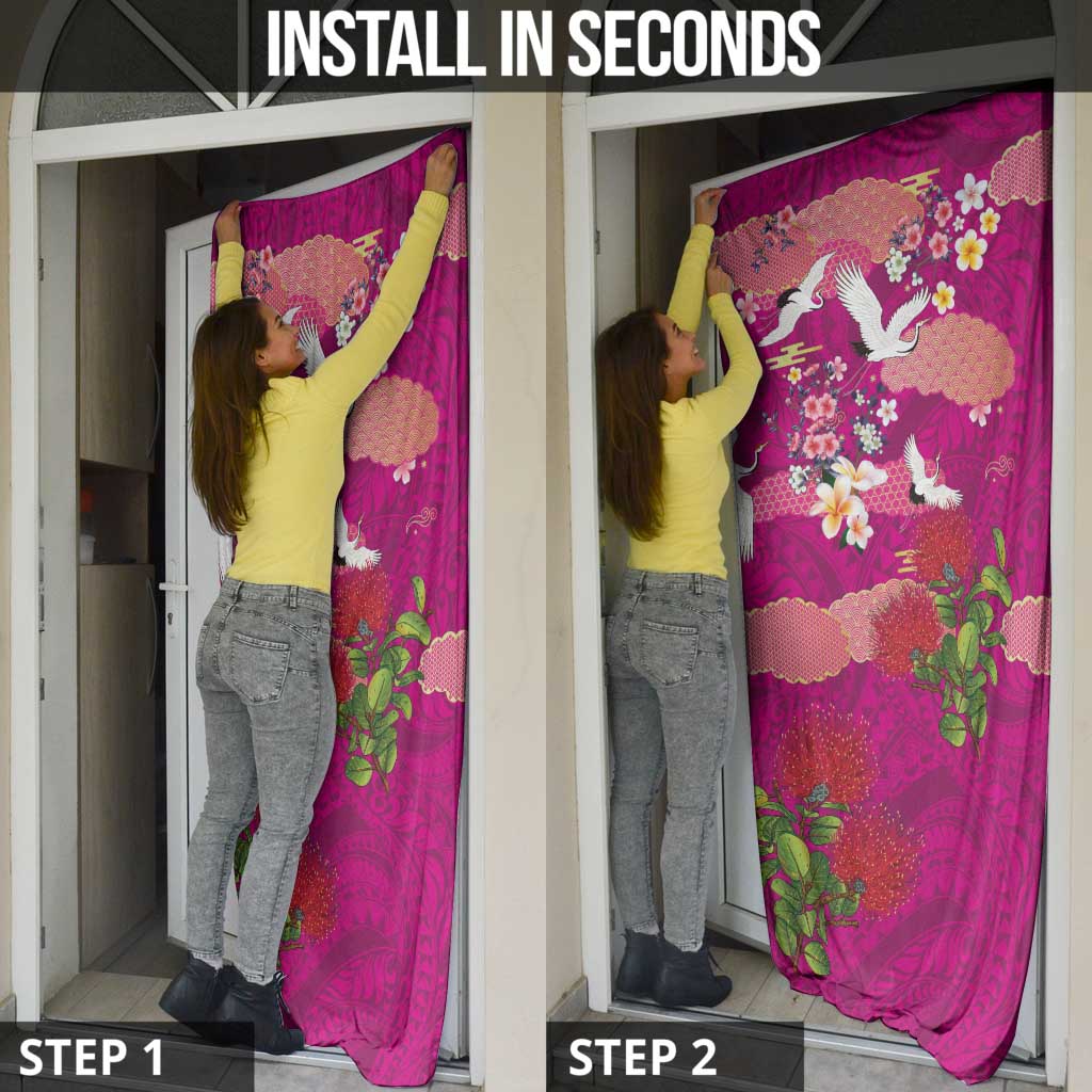 Hawaiian and Japanese Culture Together Door Cover Pink Ohia Lehua Plumeria and Sakura Blooming LT03 - Polynesian Pride