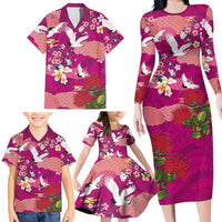 Hawaiian and Japanese Culture Together Family Matching Long Sleeve Bodycon Dress and Hawaiian Shirt Pink Ohia Lehua Plumeria and Sakura Blooming LT03 - Polynesian Pride