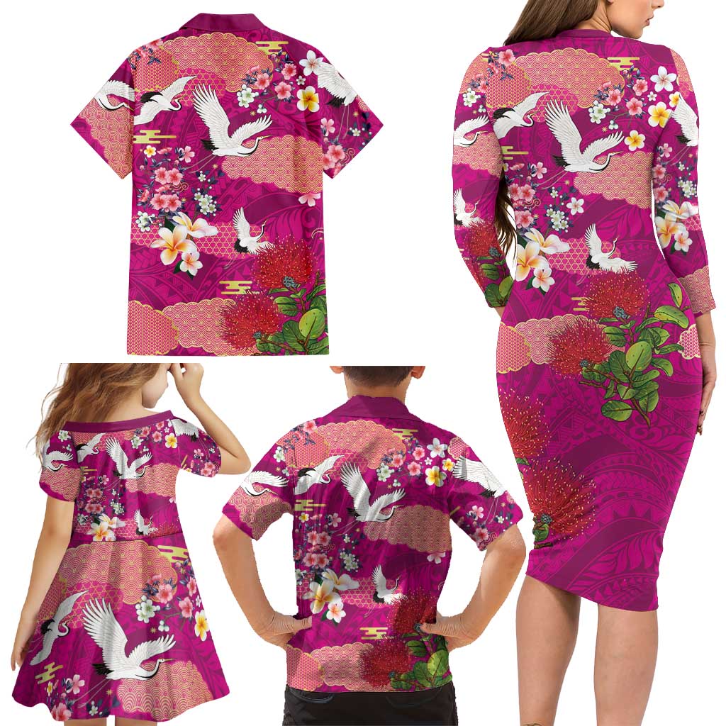 Hawaiian and Japanese Culture Together Family Matching Long Sleeve Bodycon Dress and Hawaiian Shirt Pink Ohia Lehua Plumeria and Sakura Blooming LT03 - Polynesian Pride