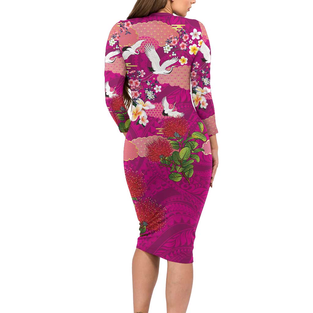 Hawaiian and Japanese Culture Together Family Matching Long Sleeve Bodycon Dress and Hawaiian Shirt Pink Ohia Lehua Plumeria and Sakura Blooming LT03 - Polynesian Pride