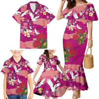 Hawaiian and Japanese Culture Together Family Matching Mermaid Dress and Hawaiian Shirt Pink Ohia Lehua Plumeria and Sakura Blooming LT03 - Polynesian Pride