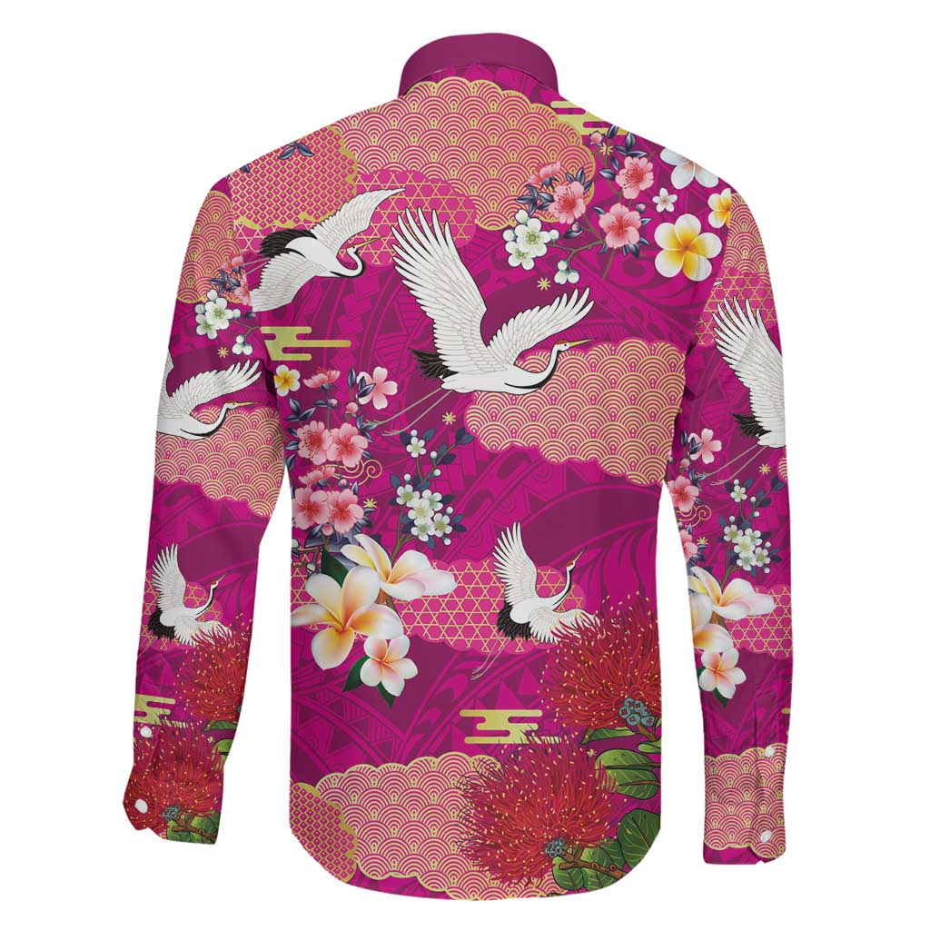 Hawaiian and Japanese Culture Together Family Matching Mermaid Dress and Hawaiian Shirt Pink Ohia Lehua Plumeria and Sakura Blooming LT03 - Polynesian Pride