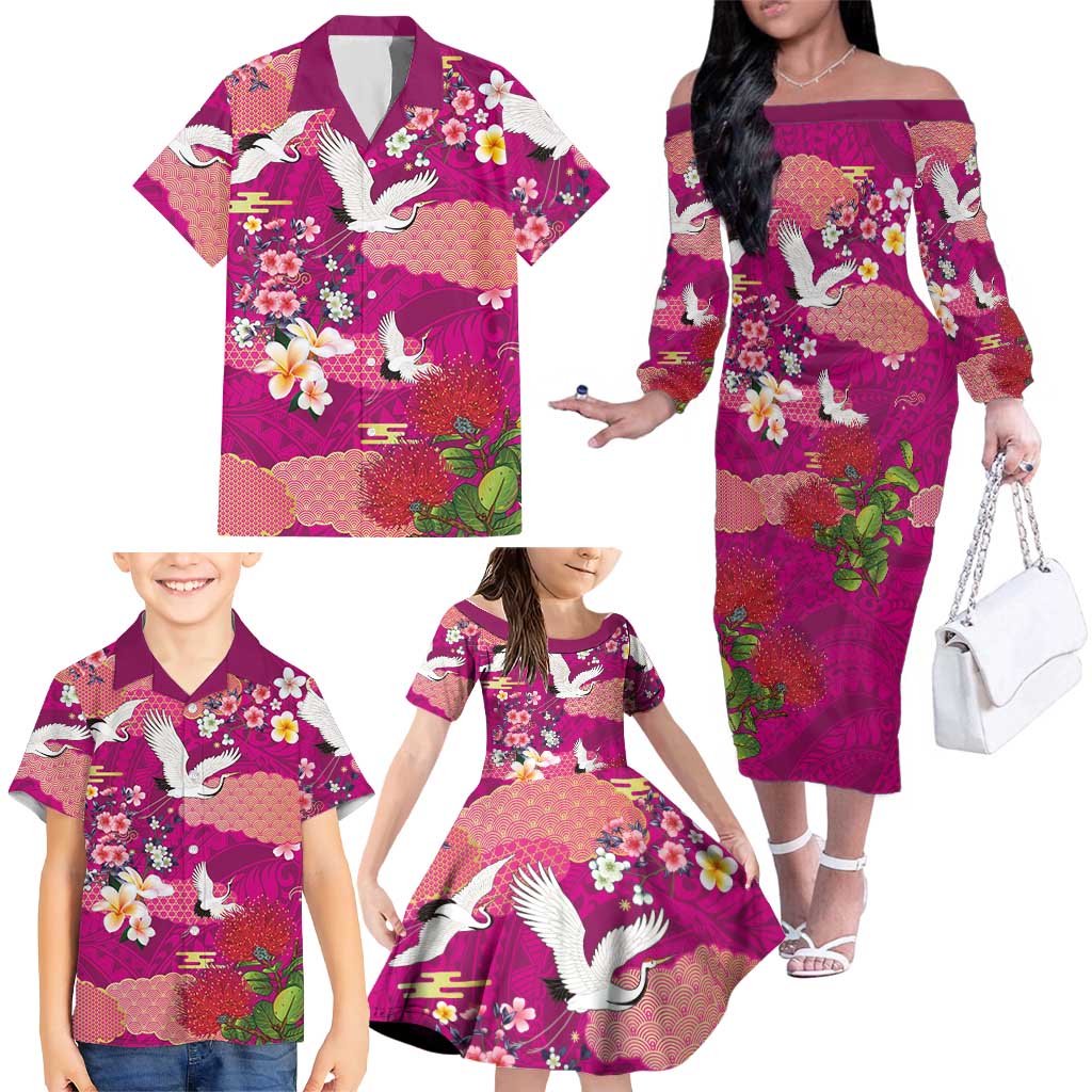 Hawaiian and Japanese Culture Together Family Matching Off The Shoulder Long Sleeve Dress and Hawaiian Shirt Pink Ohia Lehua Plumeria and Sakura Blooming LT03 - Polynesian Pride