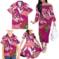 Hawaiian and Japanese Culture Together Family Matching Off The Shoulder Long Sleeve Dress and Hawaiian Shirt Pink Ohia Lehua Plumeria and Sakura Blooming LT03 - Polynesian Pride