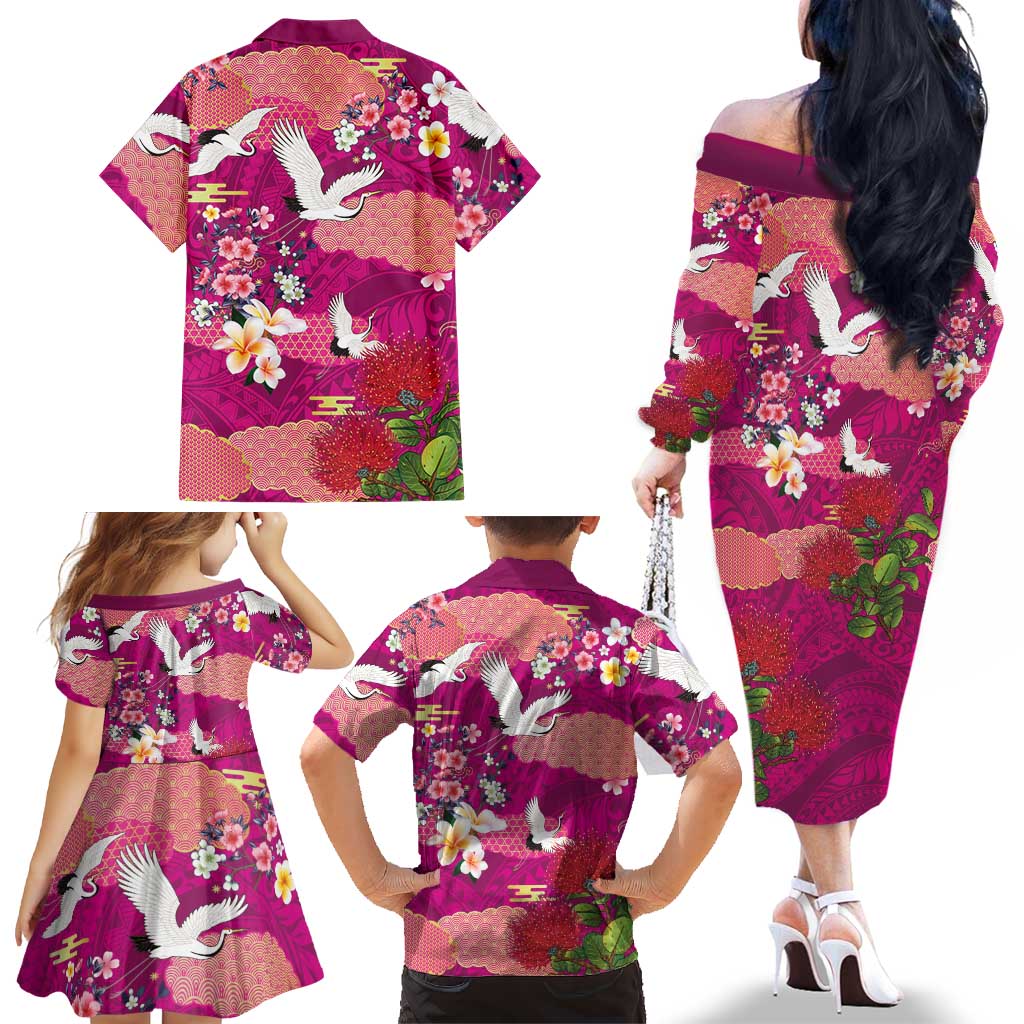 Hawaiian and Japanese Culture Together Family Matching Off The Shoulder Long Sleeve Dress and Hawaiian Shirt Pink Ohia Lehua Plumeria and Sakura Blooming LT03 - Polynesian Pride