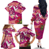Hawaiian and Japanese Culture Together Family Matching Off The Shoulder Long Sleeve Dress and Hawaiian Shirt Pink Ohia Lehua Plumeria and Sakura Blooming LT03 - Polynesian Pride