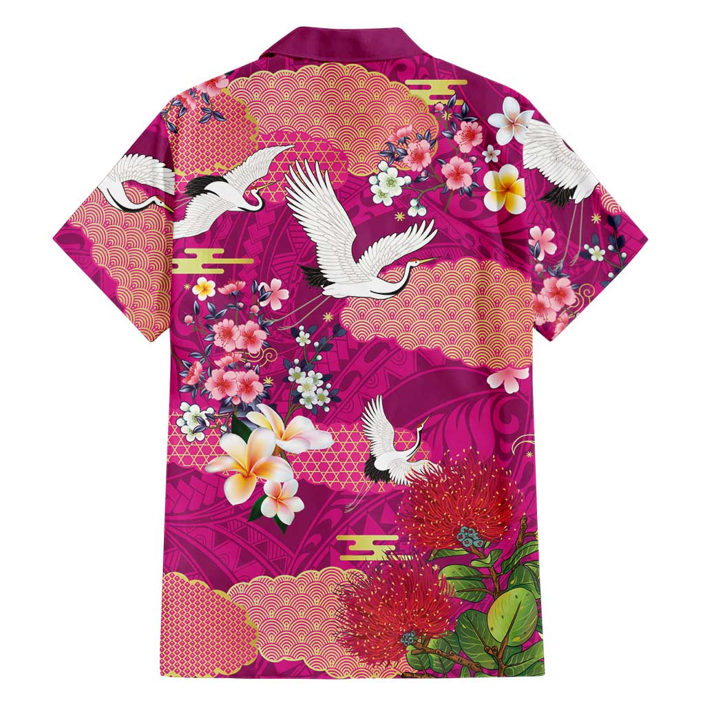 Hawaiian and Japanese Culture Together Family Matching Off The Shoulder Long Sleeve Dress and Hawaiian Shirt Pink Ohia Lehua Plumeria and Sakura Blooming LT03 - Polynesian Pride