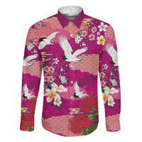 Hawaiian and Japanese Culture Together Family Matching Off The Shoulder Long Sleeve Dress and Hawaiian Shirt Pink Ohia Lehua Plumeria and Sakura Blooming LT03 Dad's Shirt - Long Sleeve Pink - Polynesian Pride