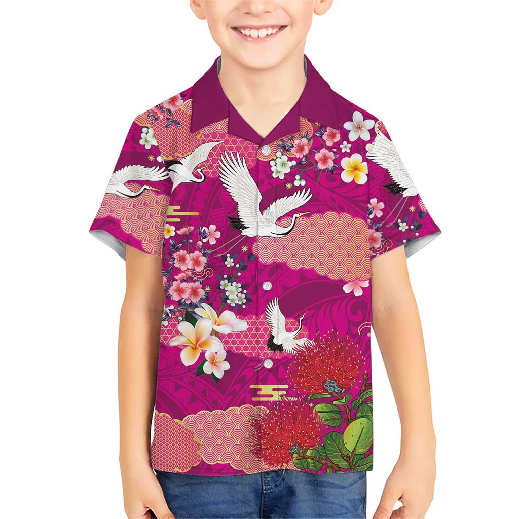 Hawaiian and Japanese Culture Together Family Matching Off The Shoulder Long Sleeve Dress and Hawaiian Shirt Pink Ohia Lehua Plumeria and Sakura Blooming LT03 Son's Shirt Pink - Polynesian Pride