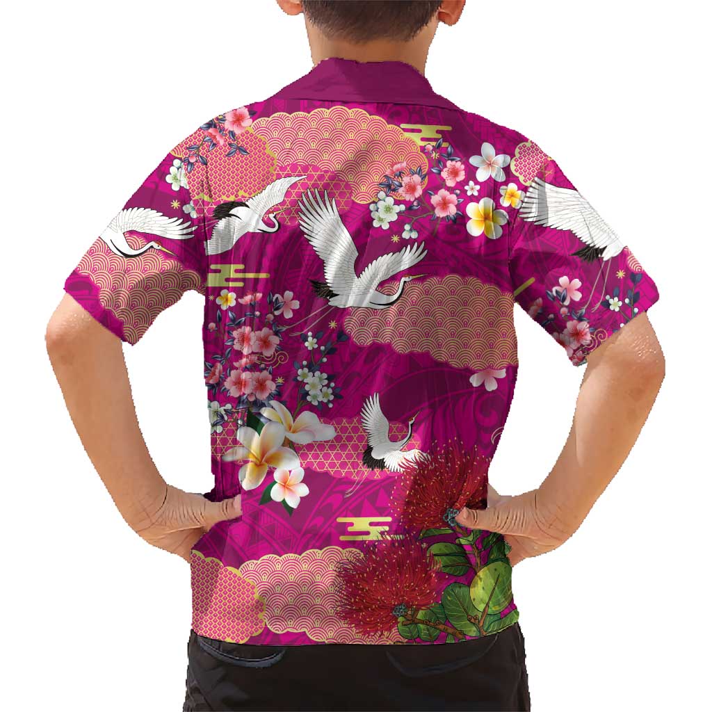 Hawaiian and Japanese Culture Together Family Matching Off Shoulder Maxi Dress and Hawaiian Shirt Pink Ohia Lehua Plumeria and Sakura Blooming LT03 - Polynesian Pride