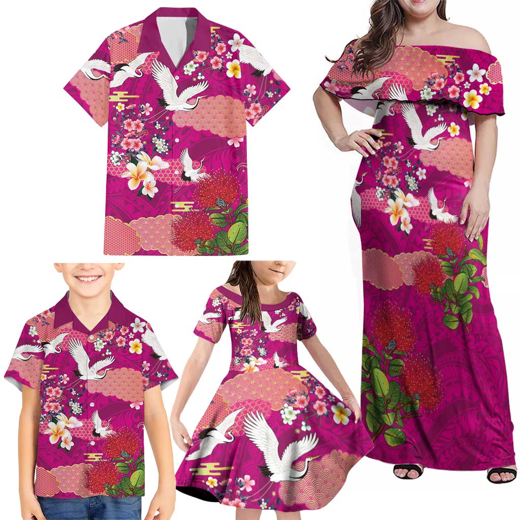 Hawaiian and Japanese Culture Together Family Matching Off Shoulder Maxi Dress and Hawaiian Shirt Pink Ohia Lehua Plumeria and Sakura Blooming LT03 - Polynesian Pride