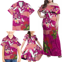 Hawaiian and Japanese Culture Together Family Matching Off Shoulder Maxi Dress and Hawaiian Shirt Pink Ohia Lehua Plumeria and Sakura Blooming LT03 - Polynesian Pride