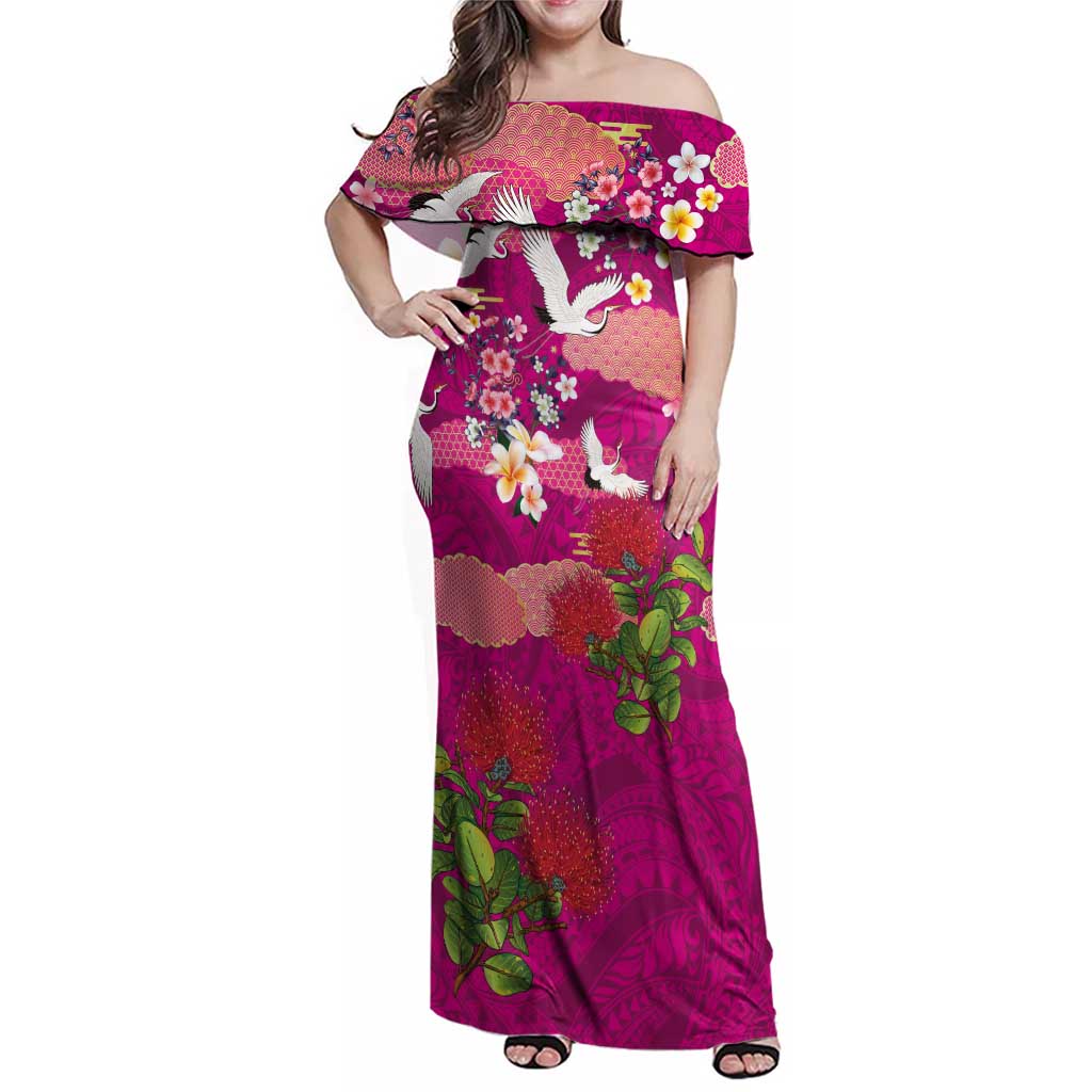 Hawaiian and Japanese Culture Together Family Matching Off Shoulder Maxi Dress and Hawaiian Shirt Pink Ohia Lehua Plumeria and Sakura Blooming LT03 Mom's Dress Pink - Polynesian Pride