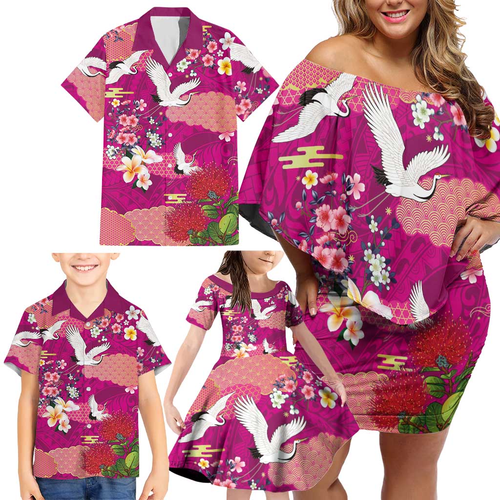 Hawaiian and Japanese Culture Together Family Matching Off Shoulder Short Dress and Hawaiian Shirt Pink Ohia Lehua Plumeria and Sakura Blooming LT03 - Polynesian Pride