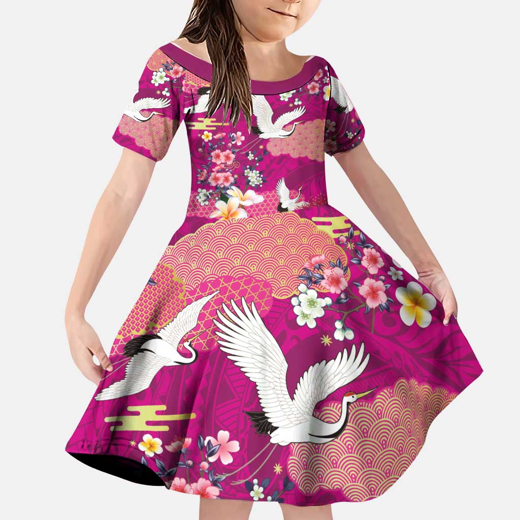 Hawaiian and Japanese Culture Together Family Matching Puletasi and Hawaiian Shirt Pink Ohia Lehua Plumeria and Sakura Blooming LT03 Daughter's Dress Pink - Polynesian Pride