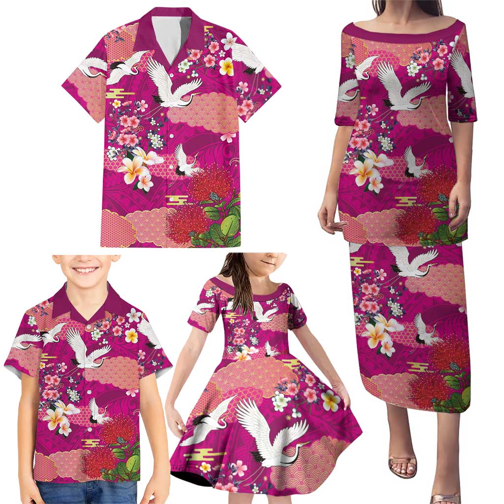 Hawaiian and Japanese Culture Together Family Matching Puletasi and Hawaiian Shirt Pink Ohia Lehua Plumeria and Sakura Blooming LT03 - Polynesian Pride