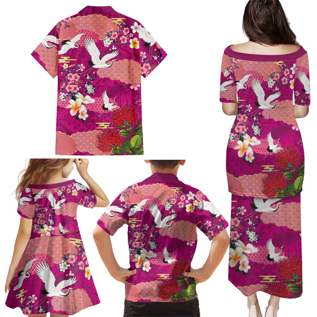 Hawaiian and Japanese Culture Together Family Matching Puletasi and Hawaiian Shirt Pink Ohia Lehua Plumeria and Sakura Blooming LT03 - Polynesian Pride