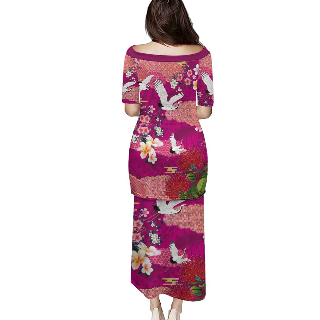 Hawaiian and Japanese Culture Together Family Matching Puletasi and Hawaiian Shirt Pink Ohia Lehua Plumeria and Sakura Blooming LT03 - Polynesian Pride
