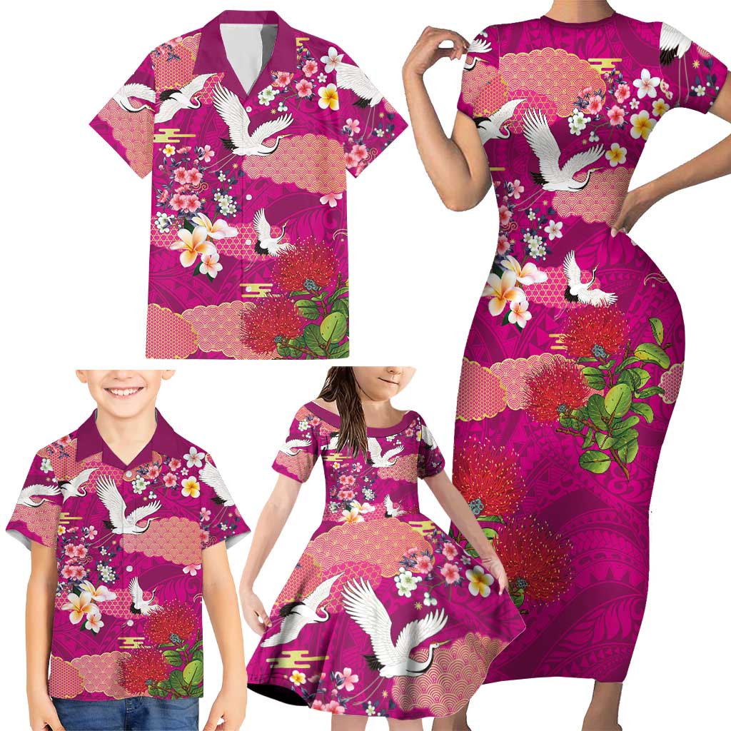 Hawaiian and Japanese Culture Together Family Matching Short Sleeve Bodycon Dress and Hawaiian Shirt Pink Ohia Lehua Plumeria and Sakura Blooming LT03 - Polynesian Pride