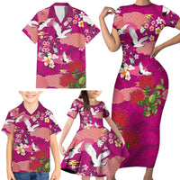 Hawaiian and Japanese Culture Together Family Matching Short Sleeve Bodycon Dress and Hawaiian Shirt Pink Ohia Lehua Plumeria and Sakura Blooming LT03 - Polynesian Pride