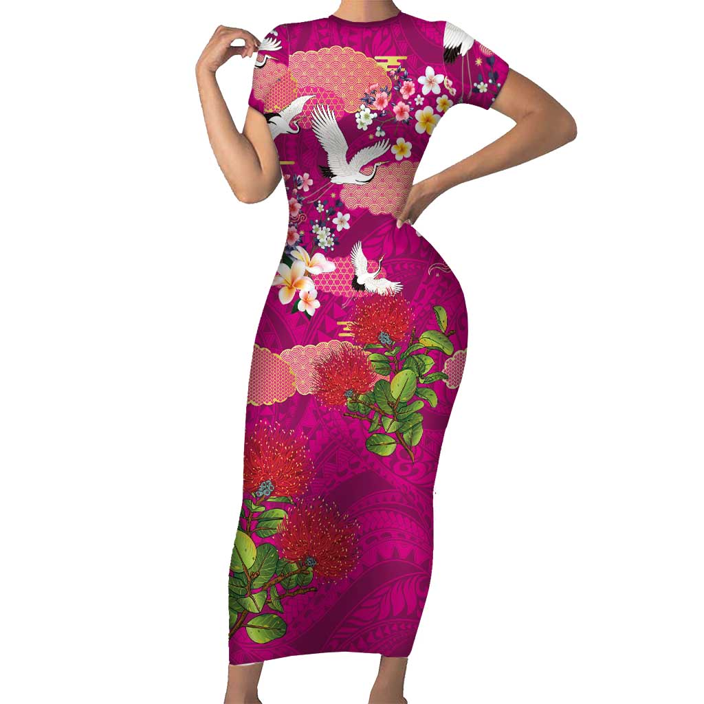 Hawaiian and Japanese Culture Together Family Matching Short Sleeve Bodycon Dress and Hawaiian Shirt Pink Ohia Lehua Plumeria and Sakura Blooming LT03 Mom's Dress Pink - Polynesian Pride