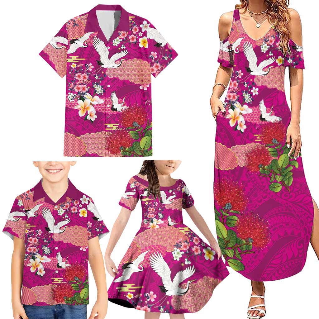 Hawaiian and Japanese Culture Together Family Matching Summer Maxi Dress and Hawaiian Shirt Pink Ohia Lehua Plumeria and Sakura Blooming LT03 - Polynesian Pride
