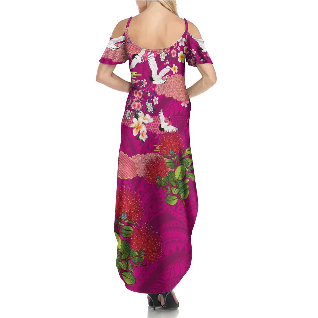 Hawaiian and Japanese Culture Together Family Matching Summer Maxi Dress and Hawaiian Shirt Pink Ohia Lehua Plumeria and Sakura Blooming LT03 - Polynesian Pride