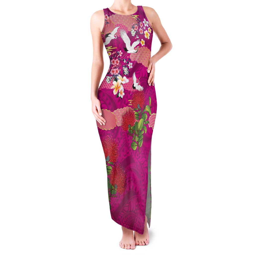 Hawaiian and Japanese Culture Together Family Matching Tank Maxi Dress and Hawaiian Shirt Pink Ohia Lehua Plumeria and Sakura Blooming LT03 Mom's Dress Pink - Polynesian Pride