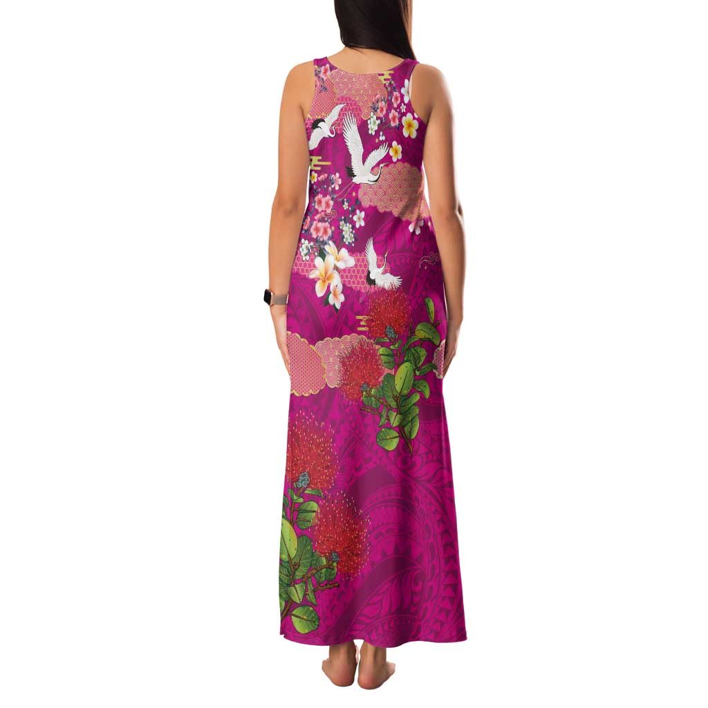 Hawaiian and Japanese Culture Together Family Matching Tank Maxi Dress and Hawaiian Shirt Pink Ohia Lehua Plumeria and Sakura Blooming LT03 - Polynesian Pride