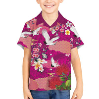 Hawaiian and Japanese Culture Together Family Matching Tank Maxi Dress and Hawaiian Shirt Pink Ohia Lehua Plumeria and Sakura Blooming LT03 Son's Shirt Pink - Polynesian Pride