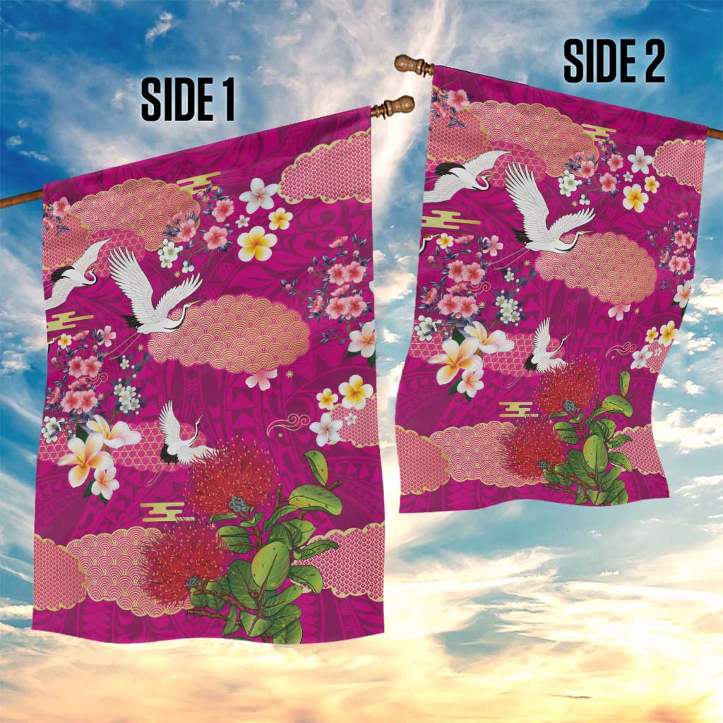 Hawaiian and Japanese Culture Together Garden Flag Pink Ohia Lehua Plumeria and Sakura Blooming LT03 - Polynesian Pride