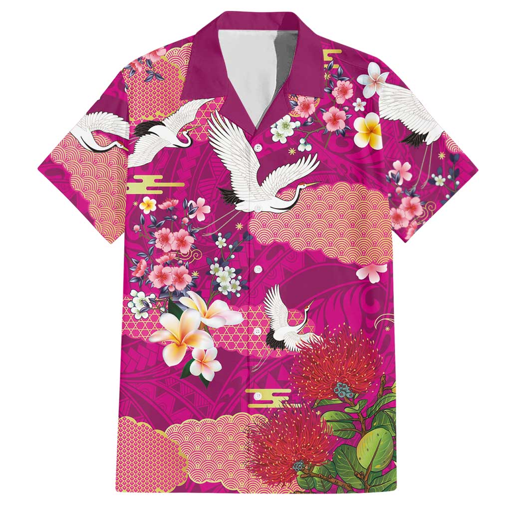 Hawaiian and Japanese Culture Together Hawaiian Shirt Pink Ohia Lehua Plumeria and Sakura Blooming - Polynesian Pride