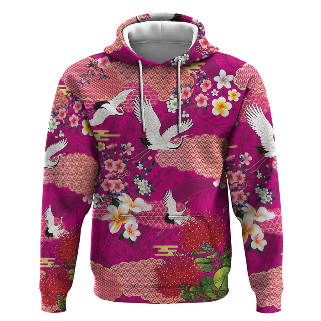 Hawaiian and Japanese Culture Together Hoodie Pink Ohia Lehua Plumeria and Sakura Blooming LT03 Pullover Hoodie Pink - Polynesian Pride