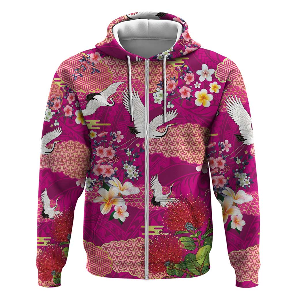 Hawaiian and Japanese Culture Together Hoodie Pink Ohia Lehua Plumeria and Sakura Blooming LT03 Zip Hoodie Pink - Polynesian Pride