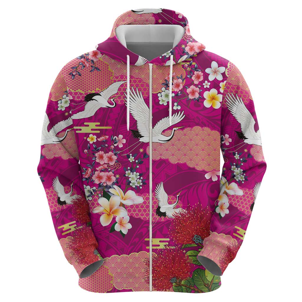 Hawaiian and Japanese Culture Together Hoodie Pink Ohia Lehua Plumeria and Sakura Blooming LT03 - Polynesian Pride