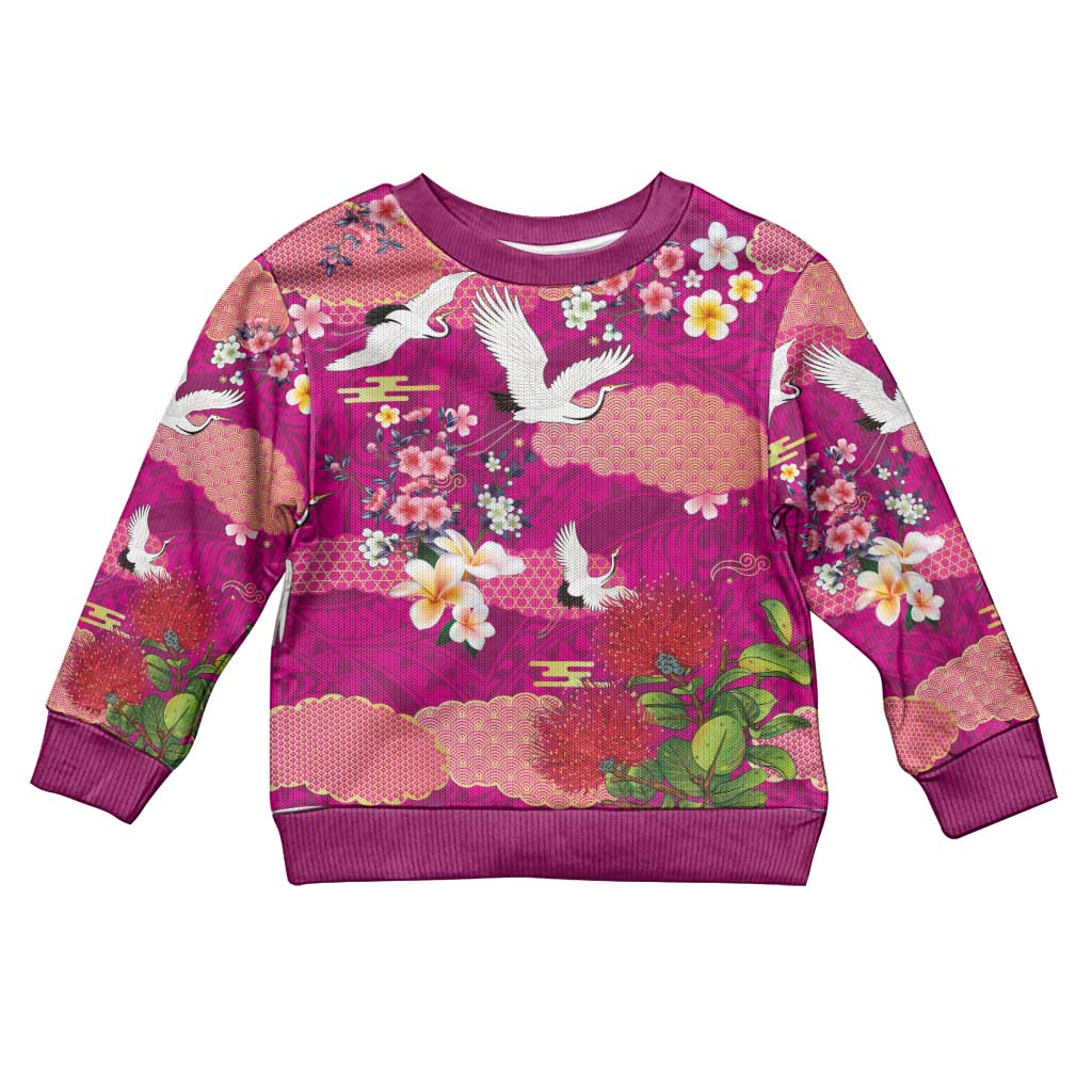 Hawaiian and Japanese Culture Together Kid Ugly Christmas Sweater Pink Ohia Lehua Plumeria and Sakura Blooming LT03 Kid Pink - Polynesian Pride